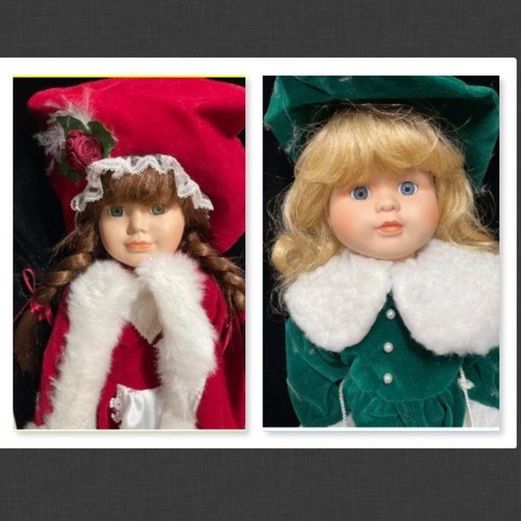 Two Porcelain Winter Dolls blonde in Green and brunette in Red 16” EUC - Picture 1 of 16